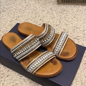 Elegant Tan and White Embellished Sandals